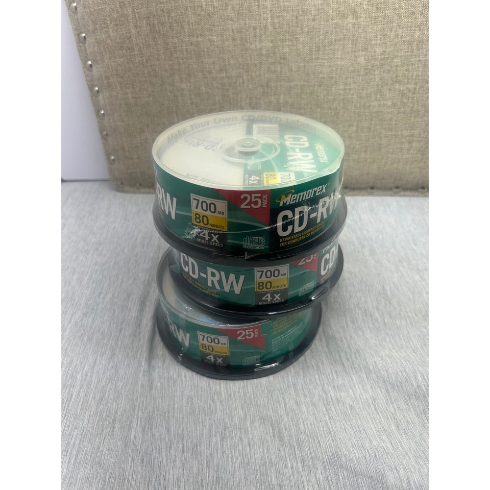 Memorex CD-RW 700MB 3X25 PACK 80 Minute 4x Multi Speed 25 Pack Spindle Lot of 3